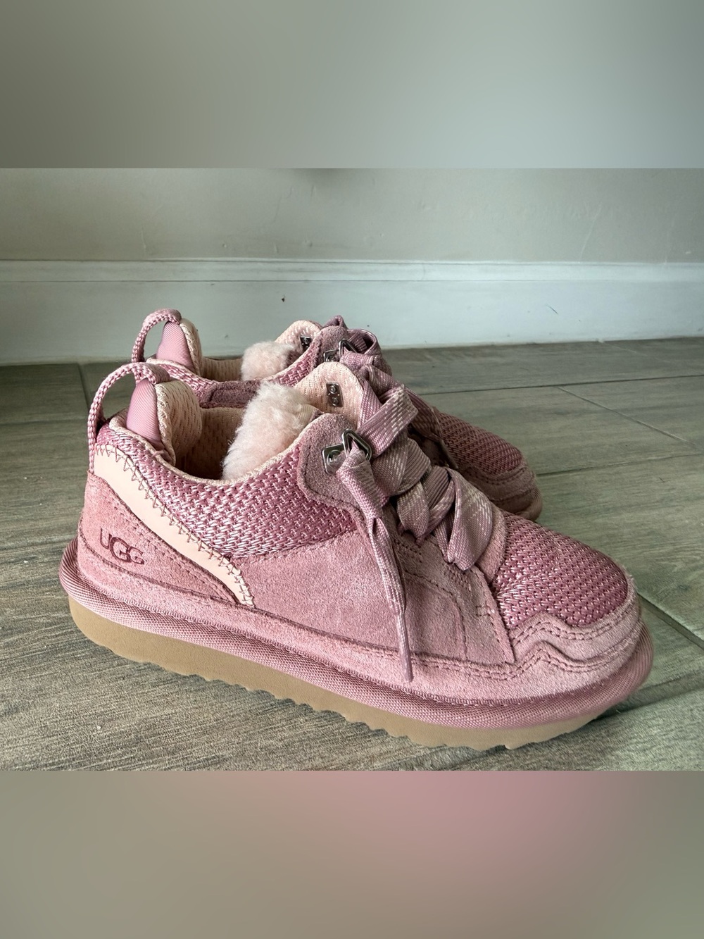 UGG Kids Pink Suede & Knit Shearling-Lined Sneakers